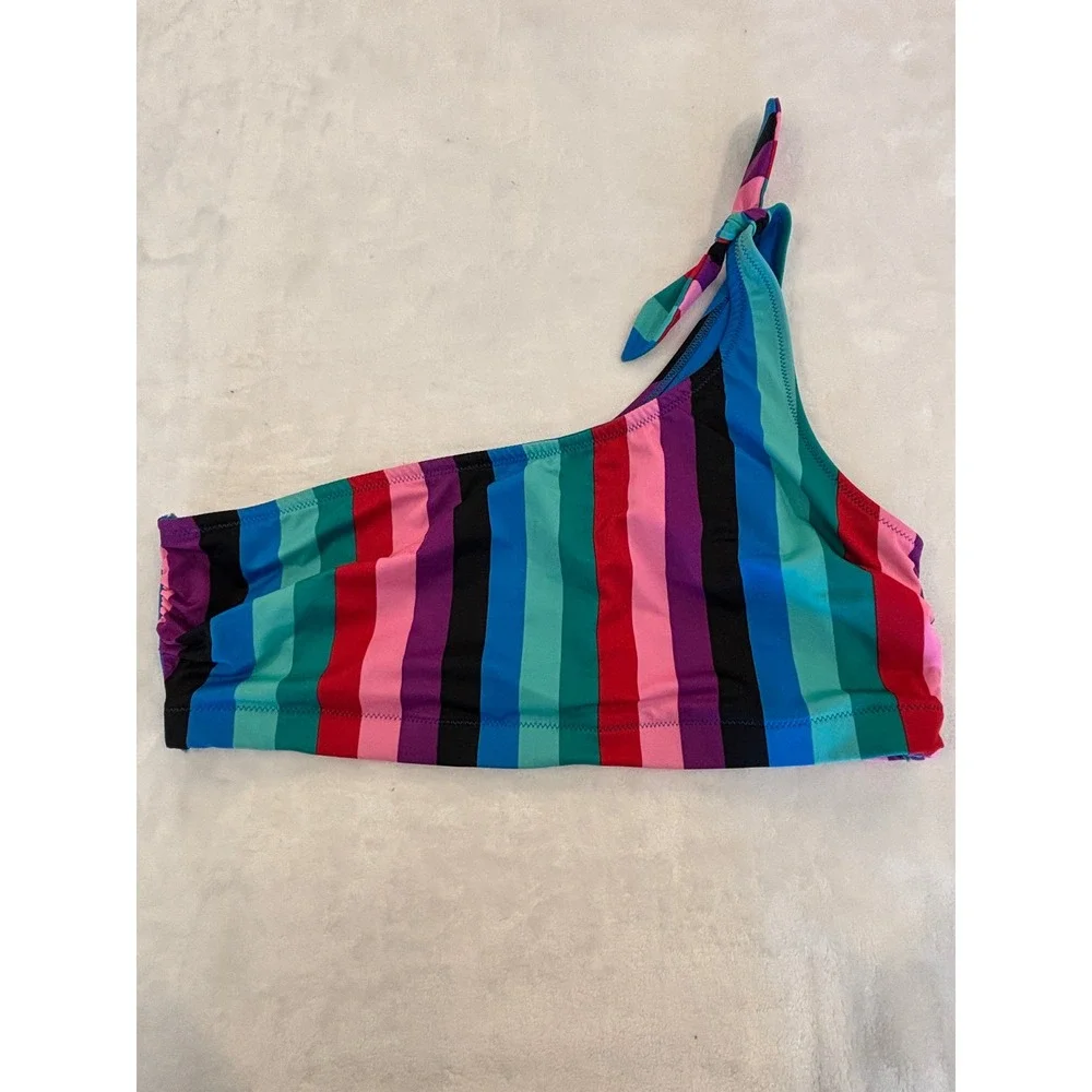 Kona Sol Womens One Shoulder Striped Bikini Top Multicolor Rainbow XL